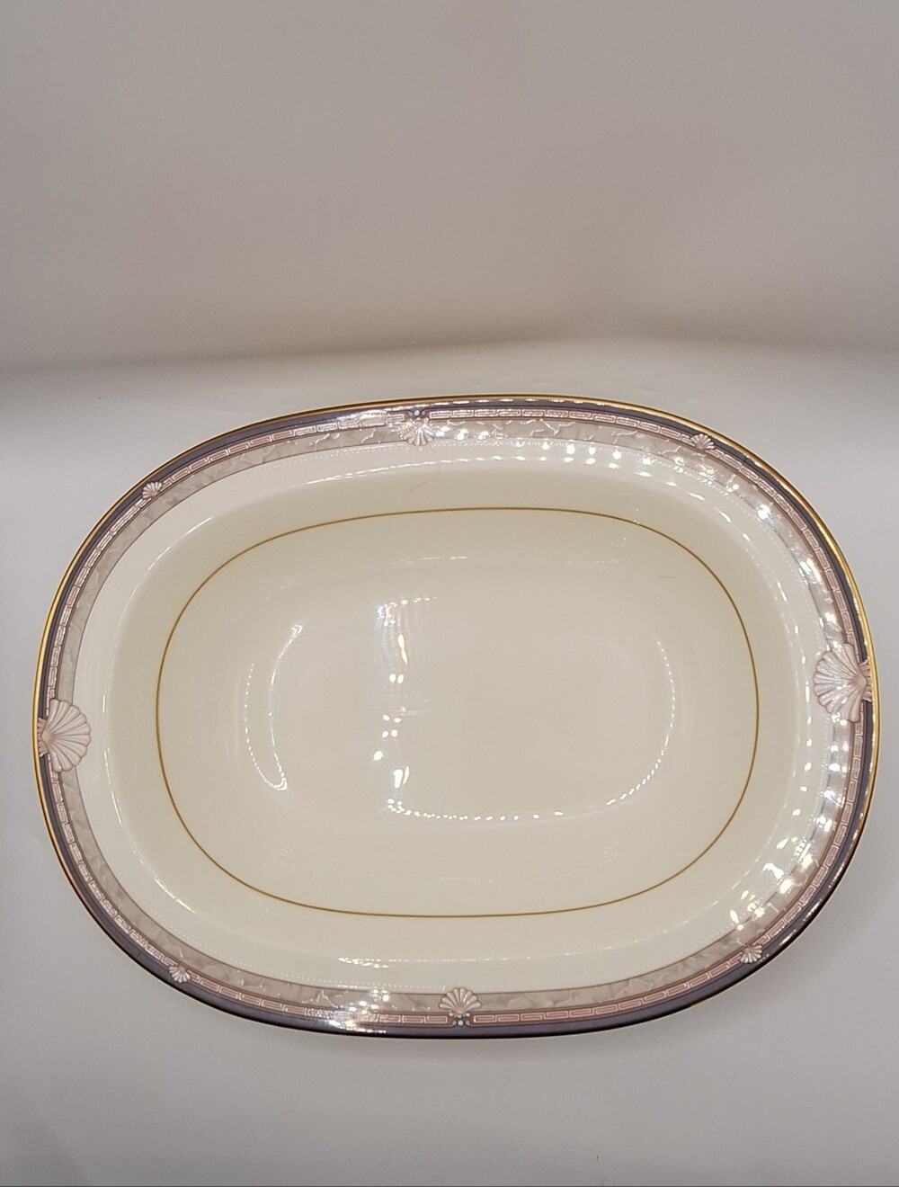 Noritake Japanese Bone China #9748 Cream Gold & Gray Trim Oval Serving Platter